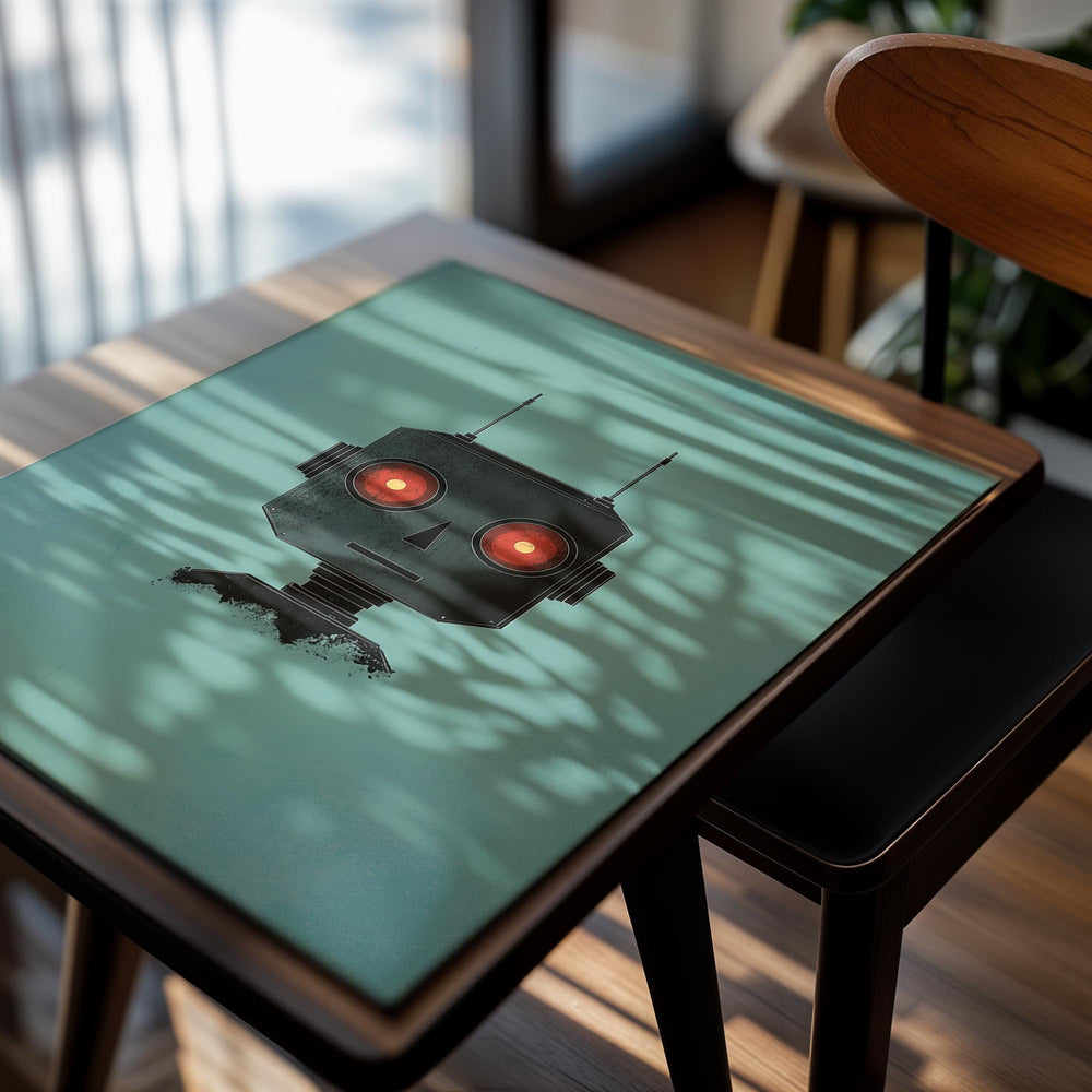 Robot illustration with red eyes on a teal background, as a premium aluminum metal print from GoMetalPrint.
