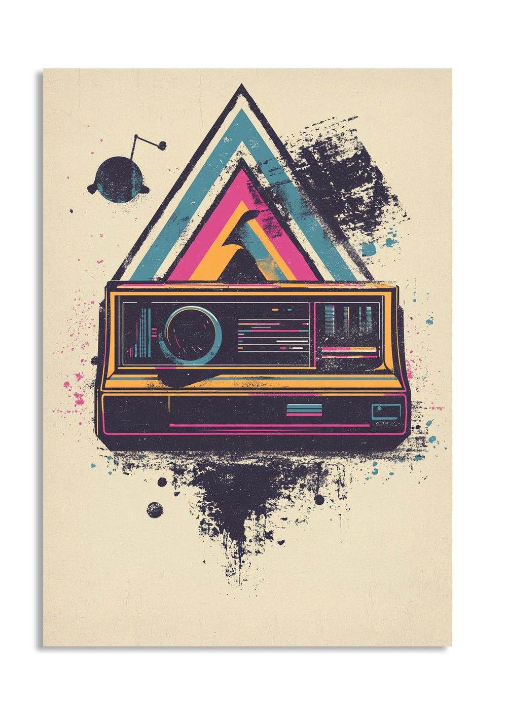 Colorful vintage-style radio with geometric design on a beige background , as a premium aluminum metal print from GoMetalPrint.
