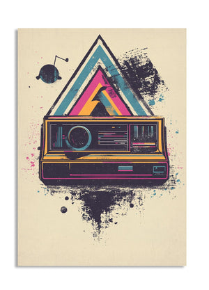 Colorful vintage-style radio with geometric design on a beige background , as a premium aluminum metal print from GoMetalPrint.
