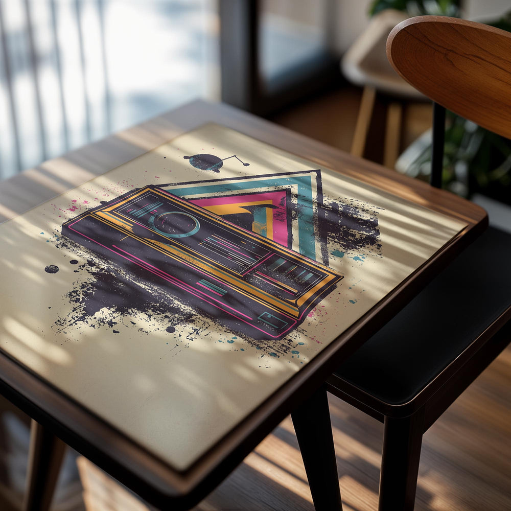 Colorful vintage-style radio with geometric design on a beige background , as a premium aluminum metal print from GoMetalPrint.
