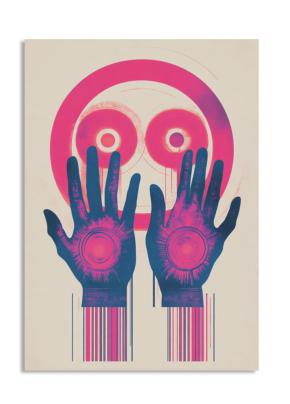 Abstract art print with hands and eye design on a beige background, as a premium aluminum metal print from GoMetalPrint.
