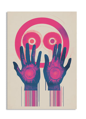 Abstract art print with hands and eye design on a beige background, as a premium aluminum metal print from GoMetalPrint.
