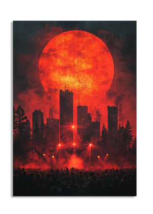 Artistic depiction of a cityscape with a large red sun or moon, silhouettes of buildings, and a crowd at the bottom, as a premium aluminum metal print from GoMetalPrint.
