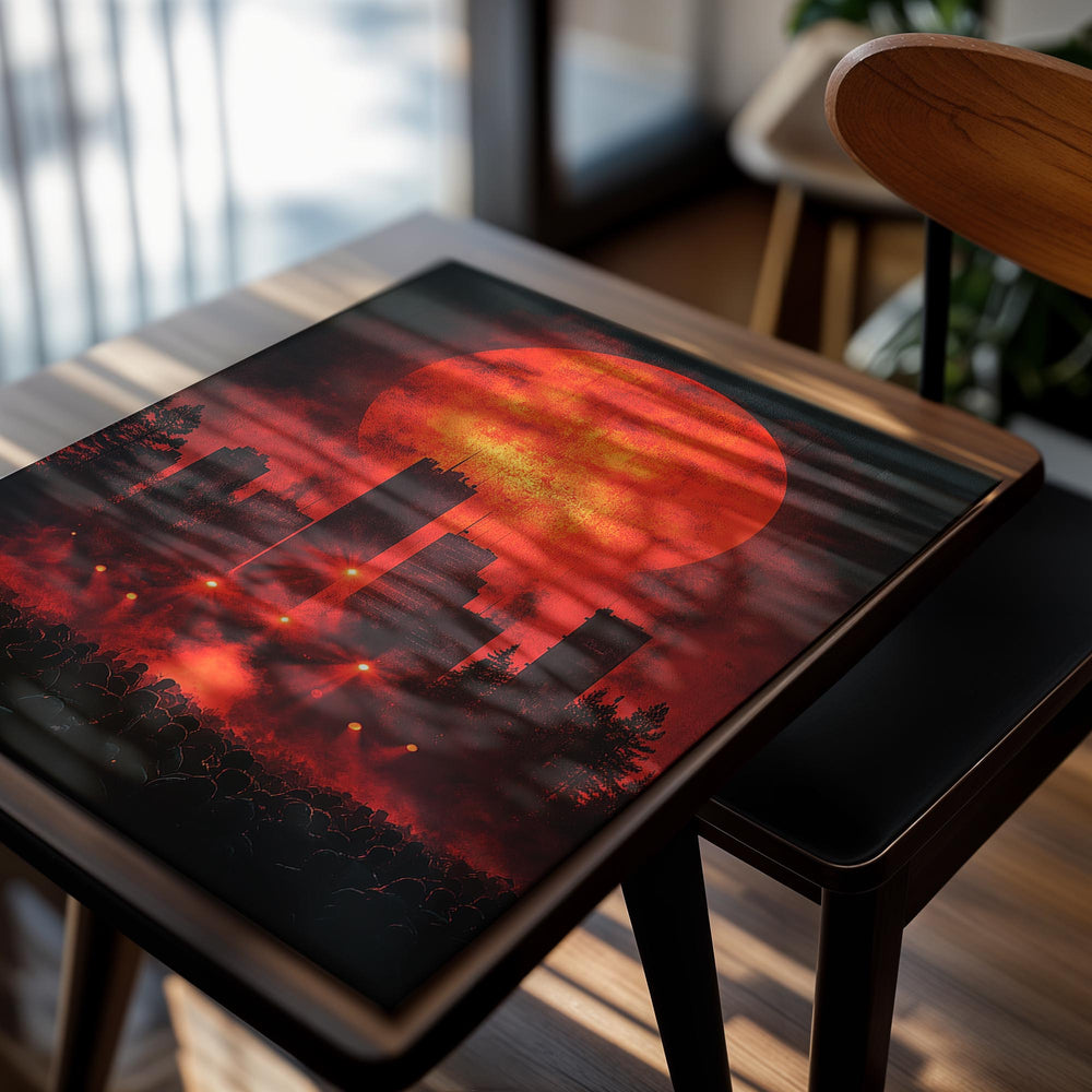 Artistic depiction of a cityscape with a large red sun or moon, silhouettes of buildings, and a crowd at the bottom, as a premium aluminum metal print from GoMetalPrint.
