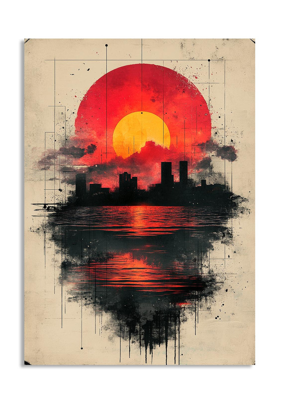 Artistic depiction of a city skyline reflected in water with a large red sun above, on a textured beige background, as a premium aluminum metal print from GoMetalPrint.
