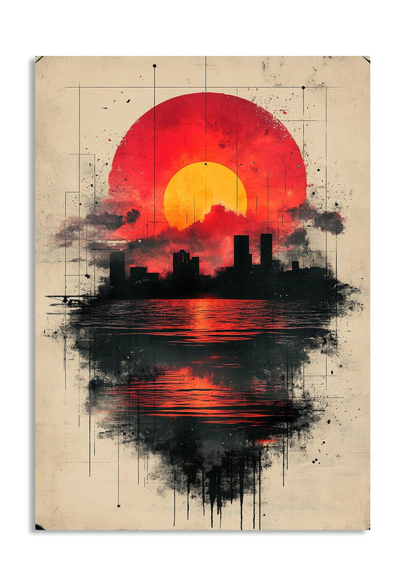 Artistic depiction of a city skyline reflected in water with a large red sun above, on a textured beige background, as a premium aluminum metal print from GoMetalPrint.

