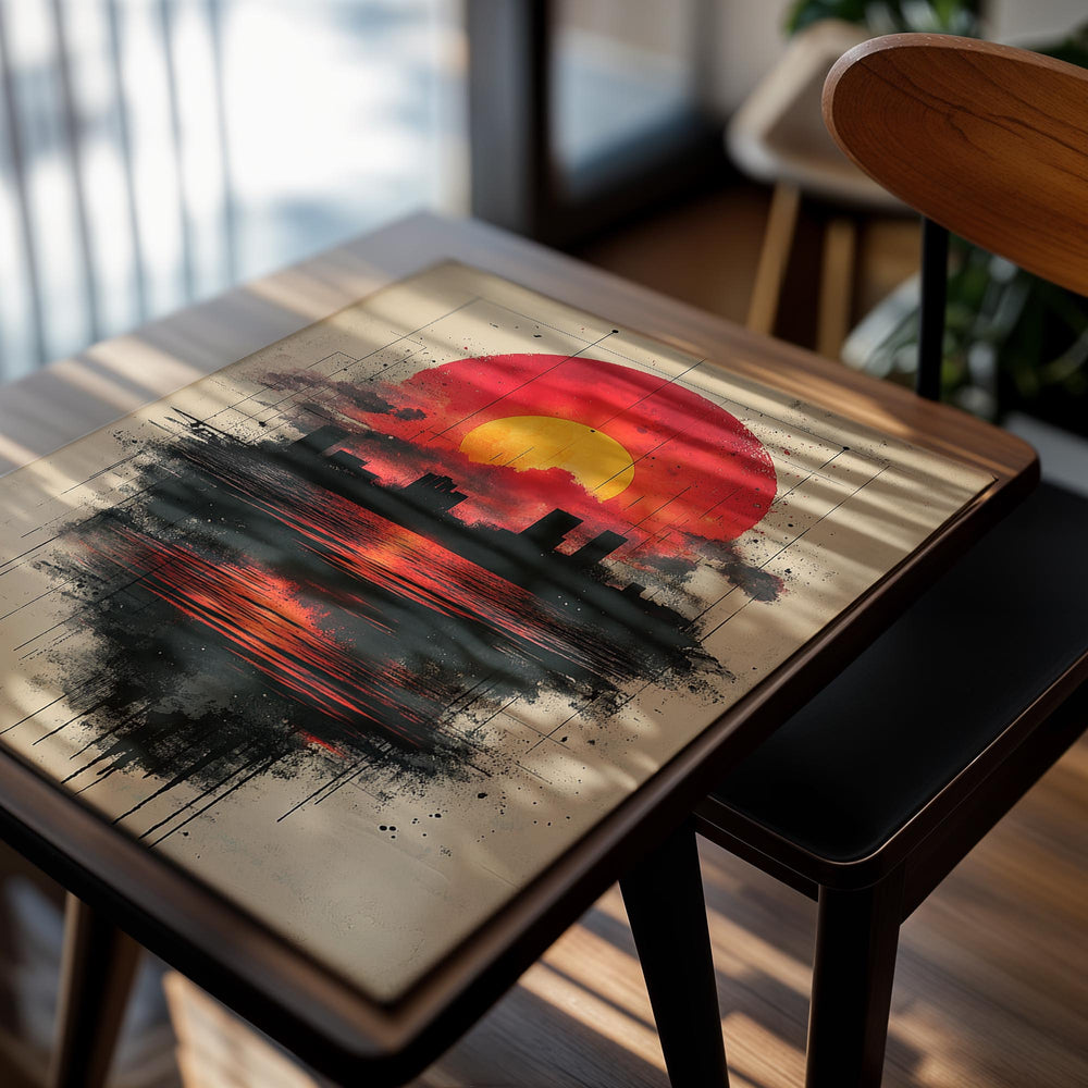 Artistic depiction of a city skyline reflected in water with a large red sun above, on a textured beige background, as a premium aluminum metal print from GoMetalPrint.
