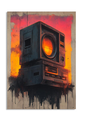 Artistic depiction of a vintage camera with a fiery background, as a premium aluminum metal print from GoMetalPrint.
