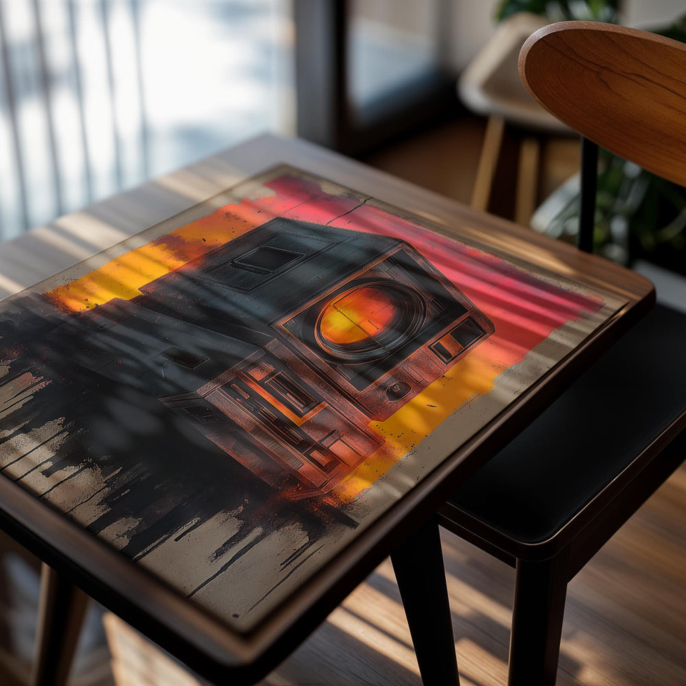 Artistic depiction of a vintage camera with a fiery background, as a premium aluminum metal print from GoMetalPrint.
