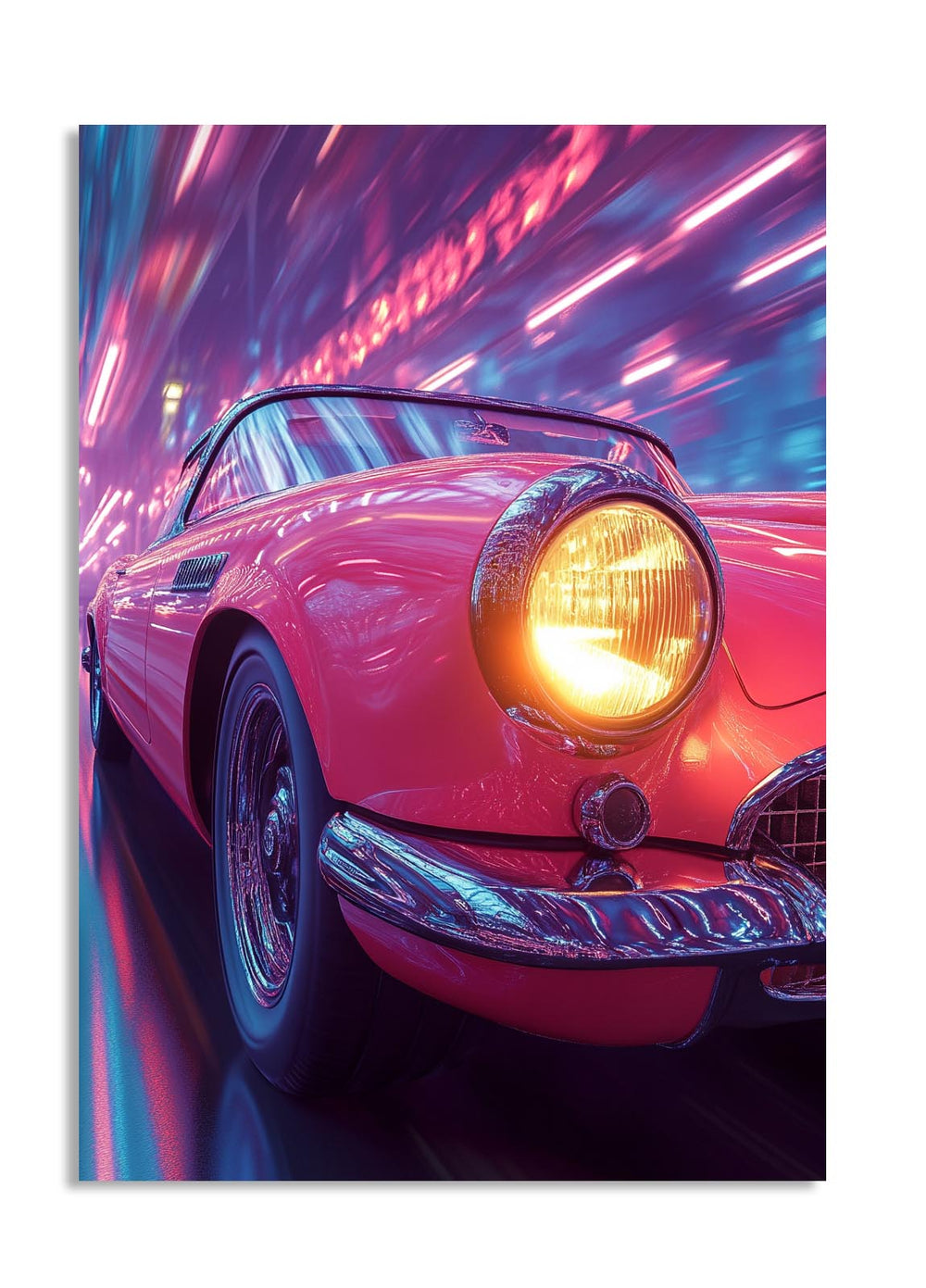 Pink vintage car with a glowing headlight against a colorful abstract background , as a premium aluminum metal print from GoMetalPrint.
