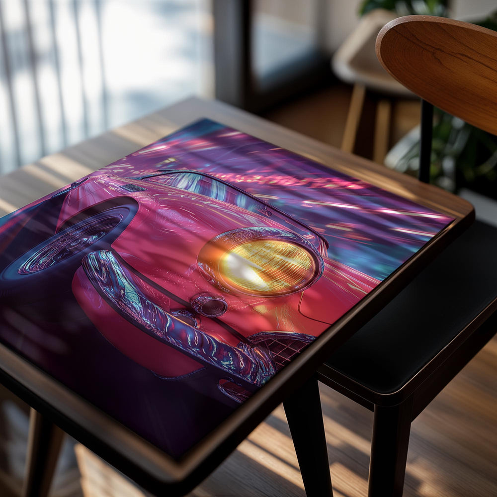 Pink vintage car with a glowing headlight against a colorful abstract background , as a premium aluminum metal print from GoMetalPrint.
