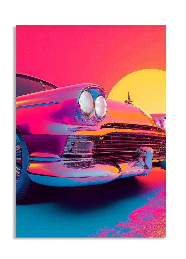 Vintage car with a vibrant, colorful sunset in the background, as a premium aluminum metal print from GoMetalPrint.
