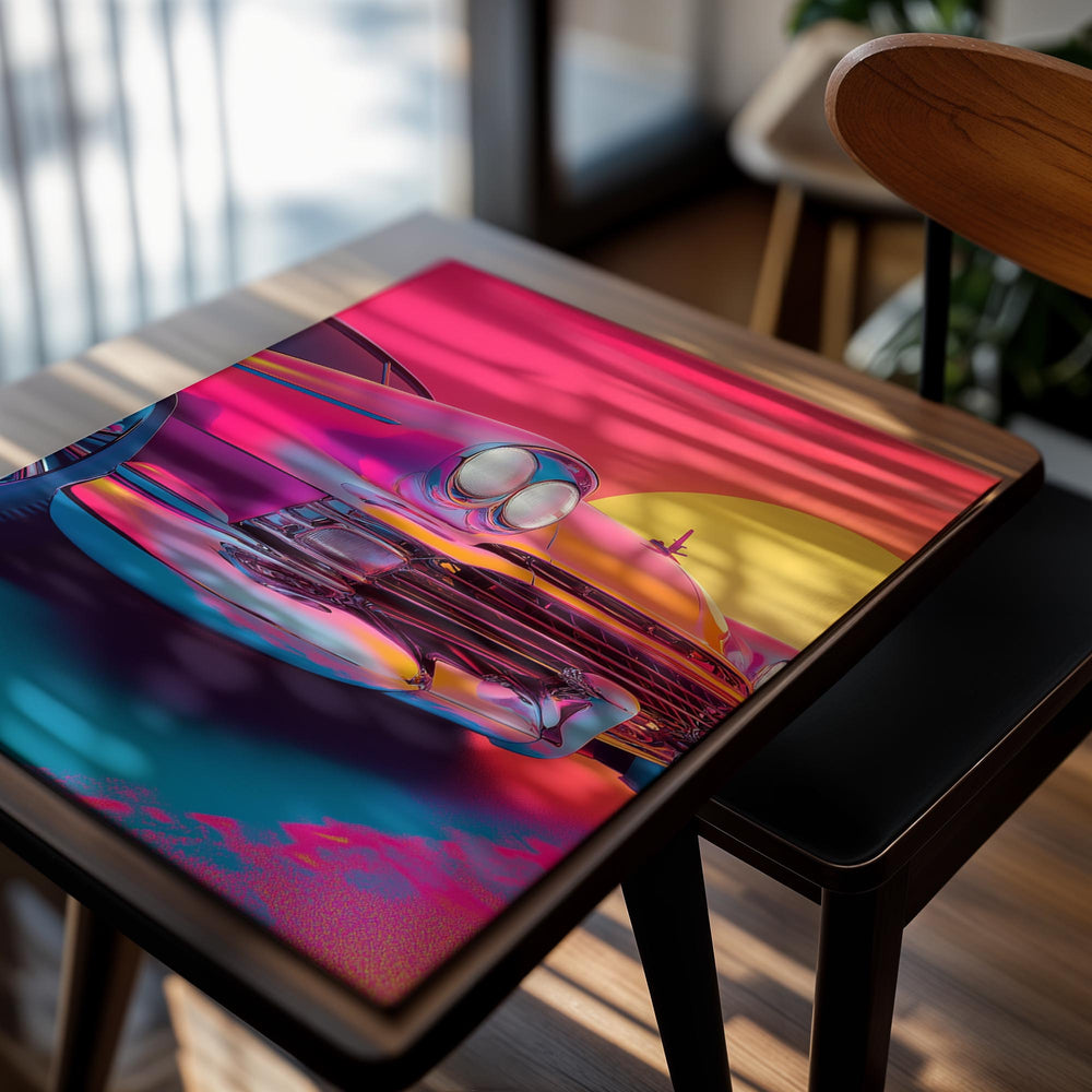 Vintage car with a vibrant, colorful sunset in the background, as a premium aluminum metal print from GoMetalPrint.
