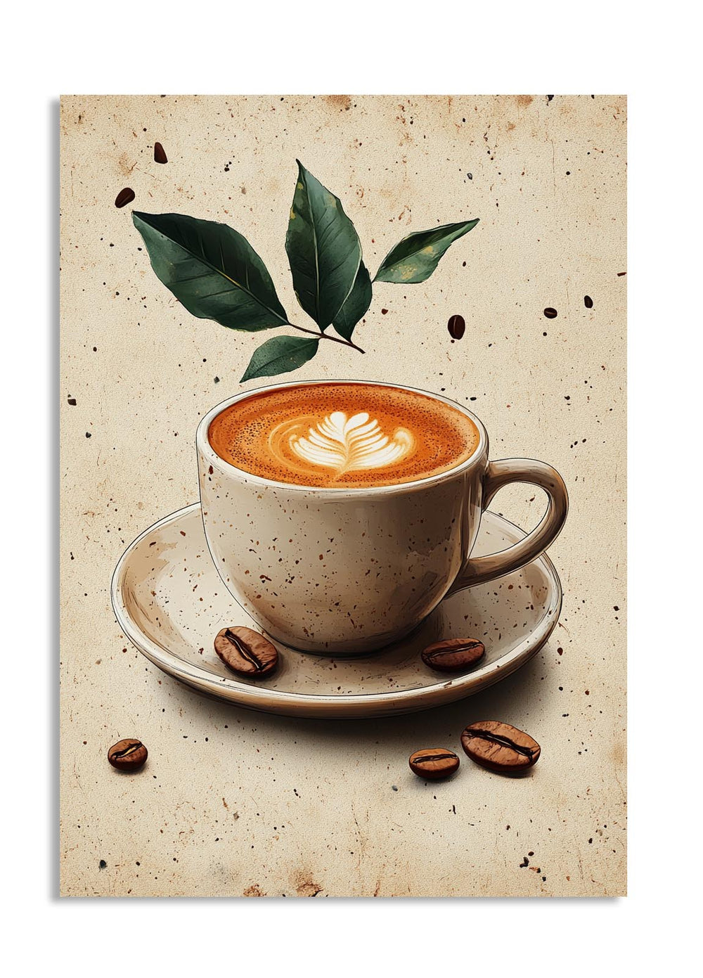 Cup of coffee with latte art on a saucer, surrounded by coffee beans and leaves on a textured beige background, as a premium aluminum metal print from GoMetalPrint.
