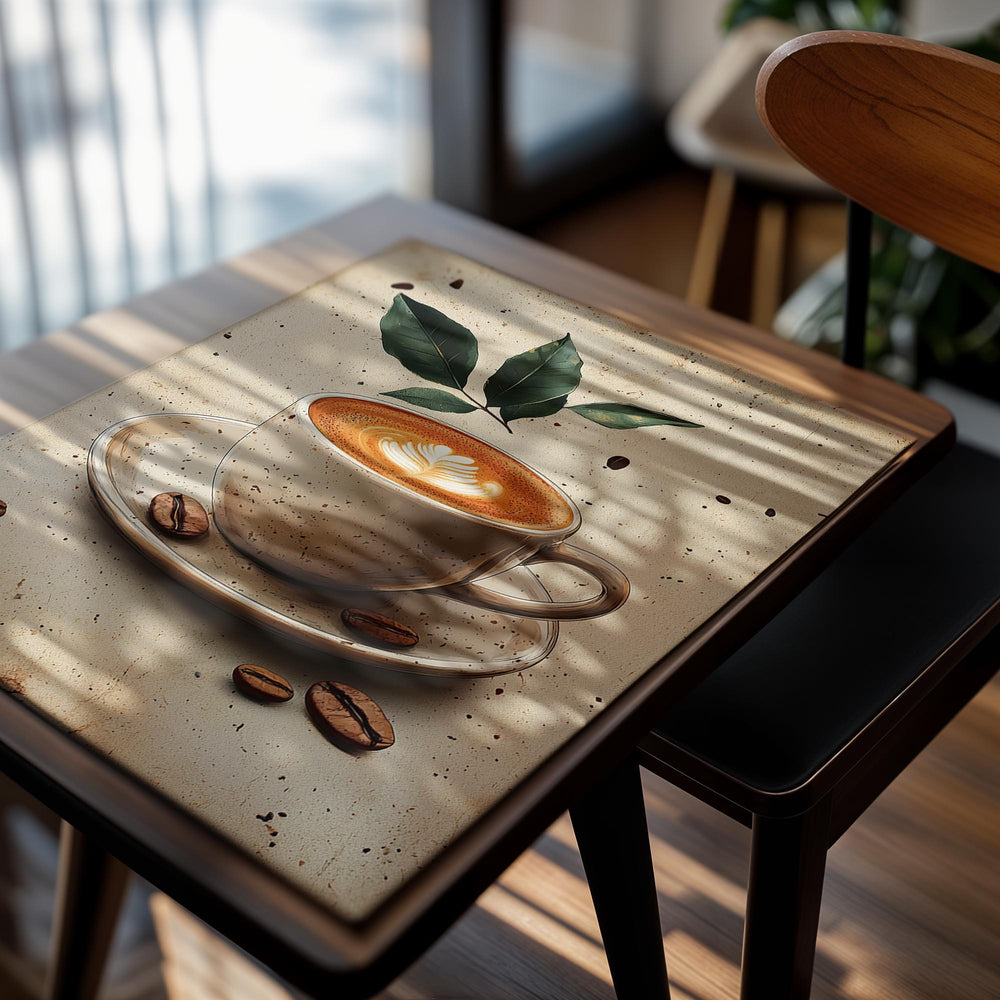 Cup of coffee with latte art on a saucer, surrounded by coffee beans and leaves on a textured beige background, as a premium aluminum metal print from GoMetalPrint.
