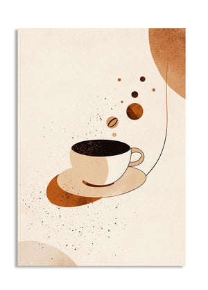 Illustration of a coffee cup and saucer on a beige background with coffee beans, as a premium aluminum metal print from GoMetalPrint.
