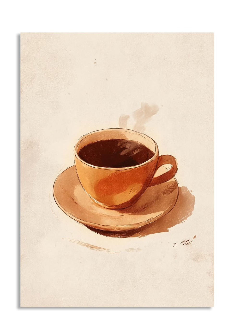 Artistic depiction of a coffee cup with steam on a beige background, as a premium aluminum metal print from GoMetalPrint.
