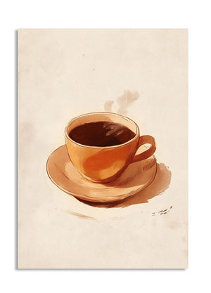 Artistic depiction of a coffee cup with steam on a beige background, as a premium aluminum metal print from GoMetalPrint.
