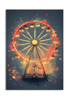 Ferris wheel with glowing lights against a dark blue background, as a premium aluminum metal print from GoMetalPrint.
