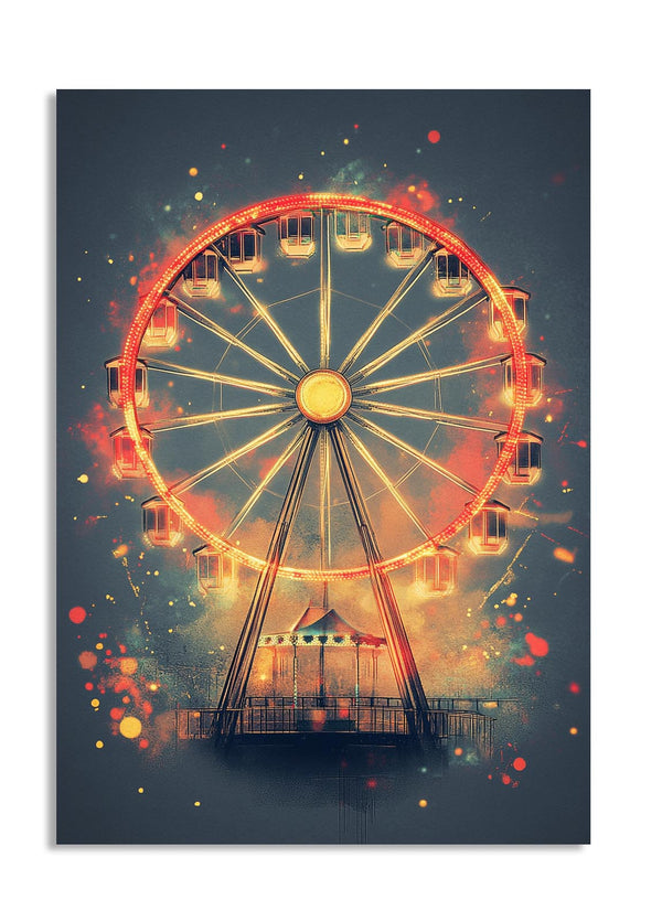 Ferris wheel with glowing lights against a dark blue background, as a premium aluminum metal print from GoMetalPrint.
