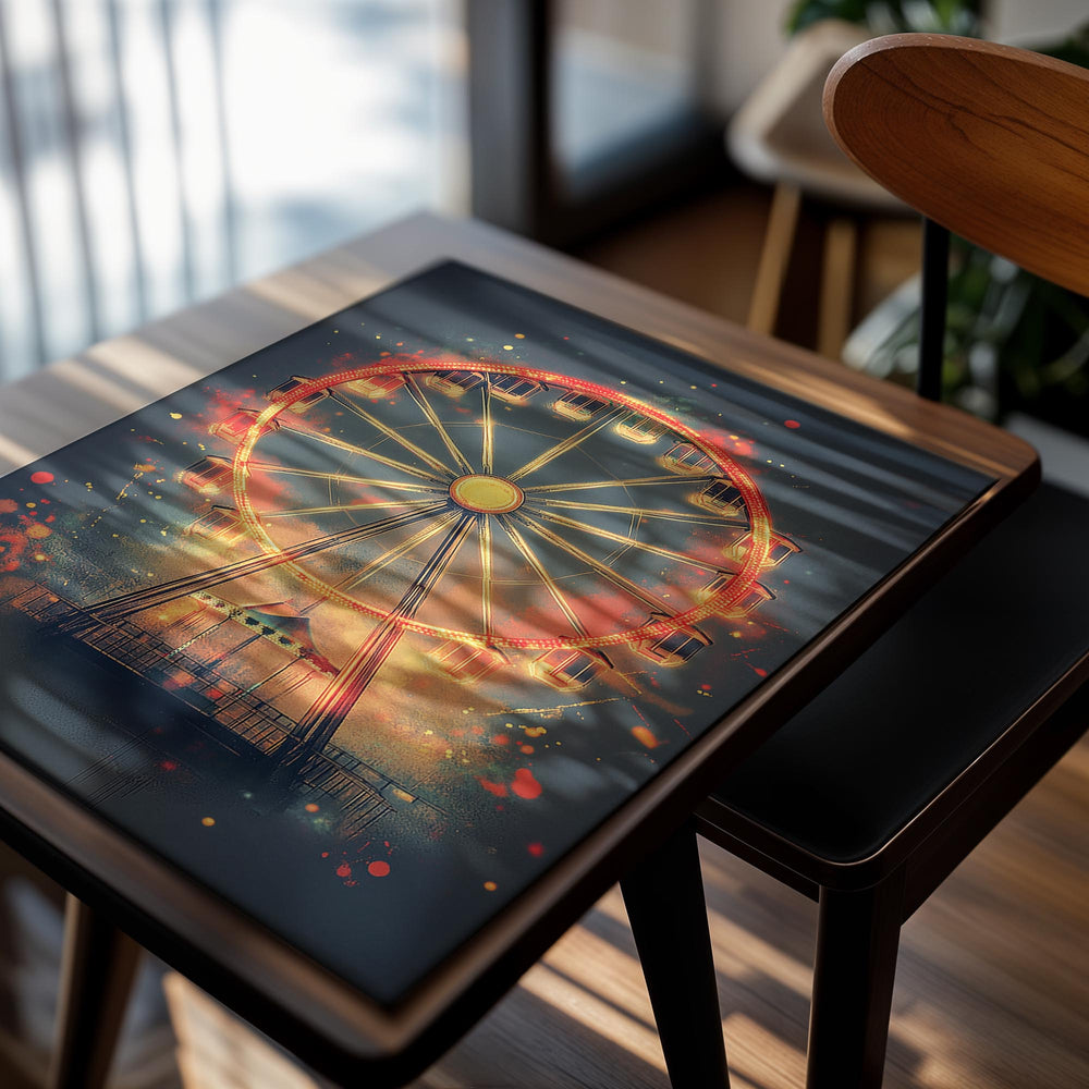 Ferris wheel with glowing lights against a dark blue background, as a premium aluminum metal print from GoMetalPrint.
