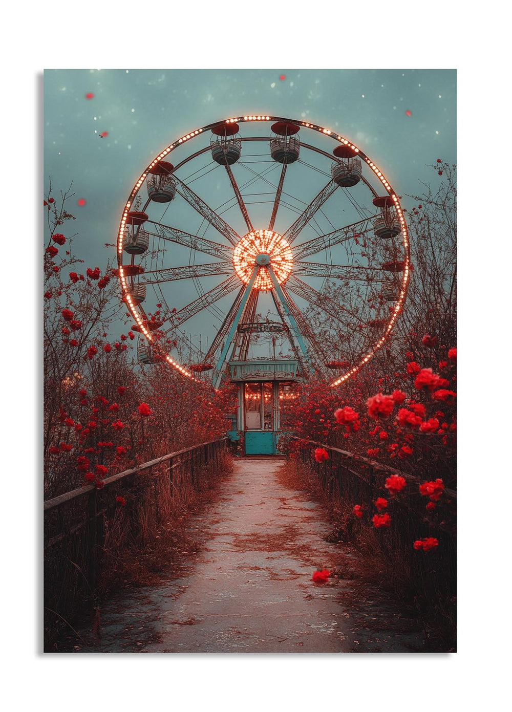 Abandoned Ferris wheel with red flowers in a desolate setting, as a premium aluminum metal print from GoMetalPrint.
