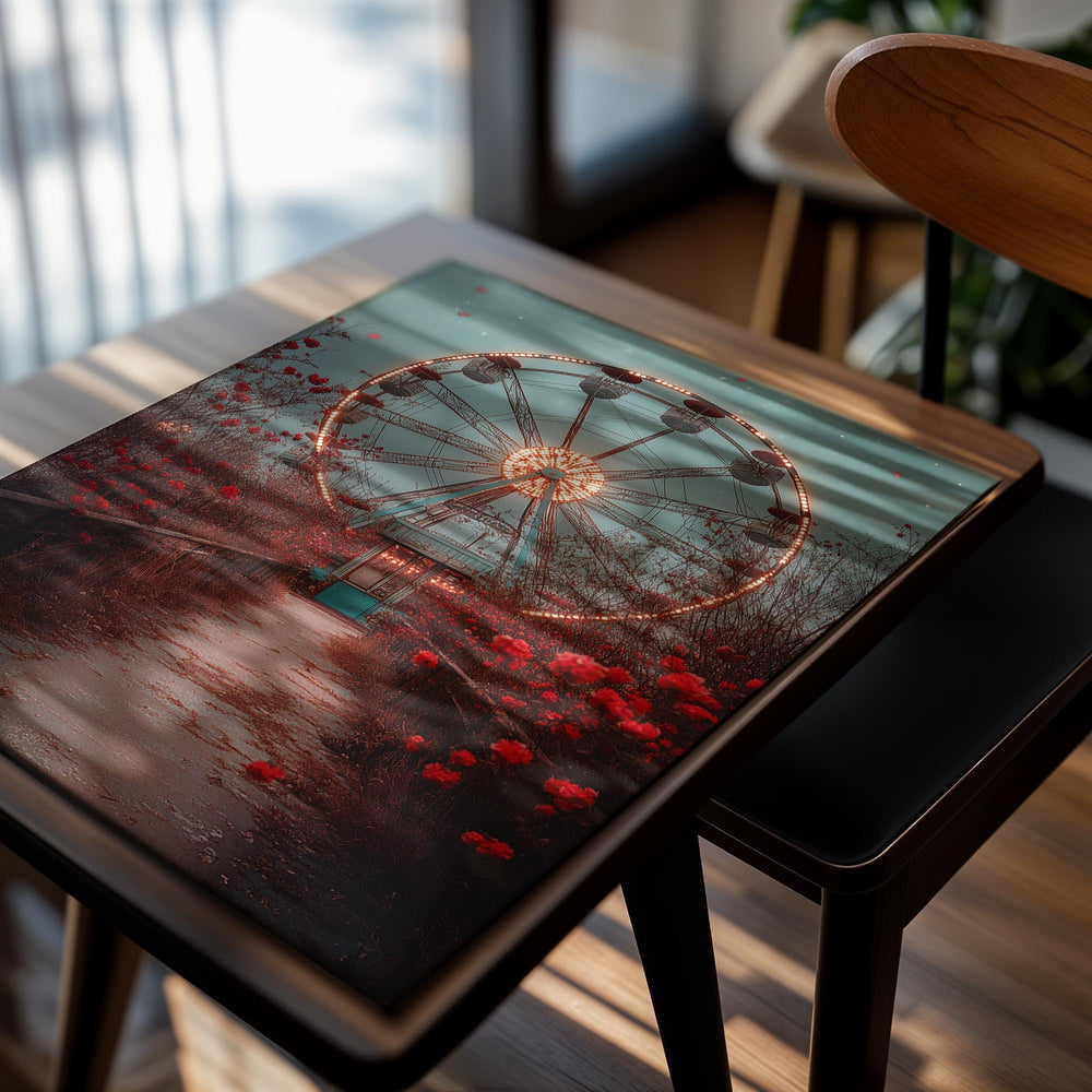 Abandoned Ferris wheel with red flowers in a desolate setting, as a premium aluminum metal print from GoMetalPrint.
