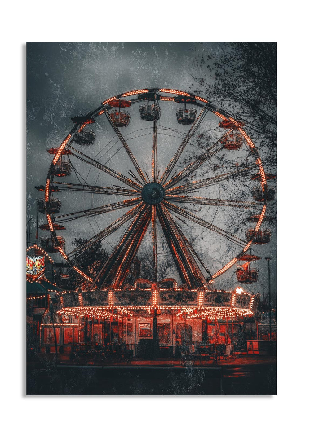 Ferris wheel at an amusement park with glowing lights against a dark sky, as a premium aluminum metal print from GoMetalPrint.
