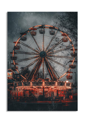 Ferris wheel at an amusement park with glowing lights against a dark sky, as a premium aluminum metal print from GoMetalPrint.
