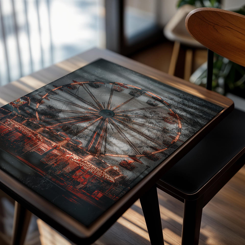 Ferris wheel at an amusement park with glowing lights against a dark sky, as a premium aluminum metal print from GoMetalPrint.
