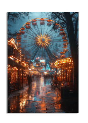 Ferris wheel at a carnival at night with lights reflecting on a wet ground, as a premium aluminum metal print from GoMetalPrint.
