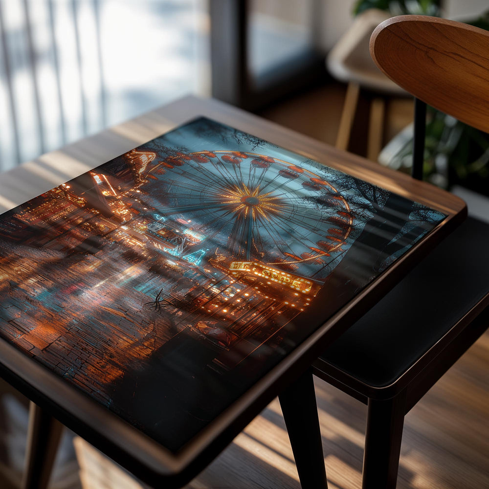 Ferris wheel at a carnival at night with lights reflecting on a wet ground, as a premium aluminum metal print from GoMetalPrint.
