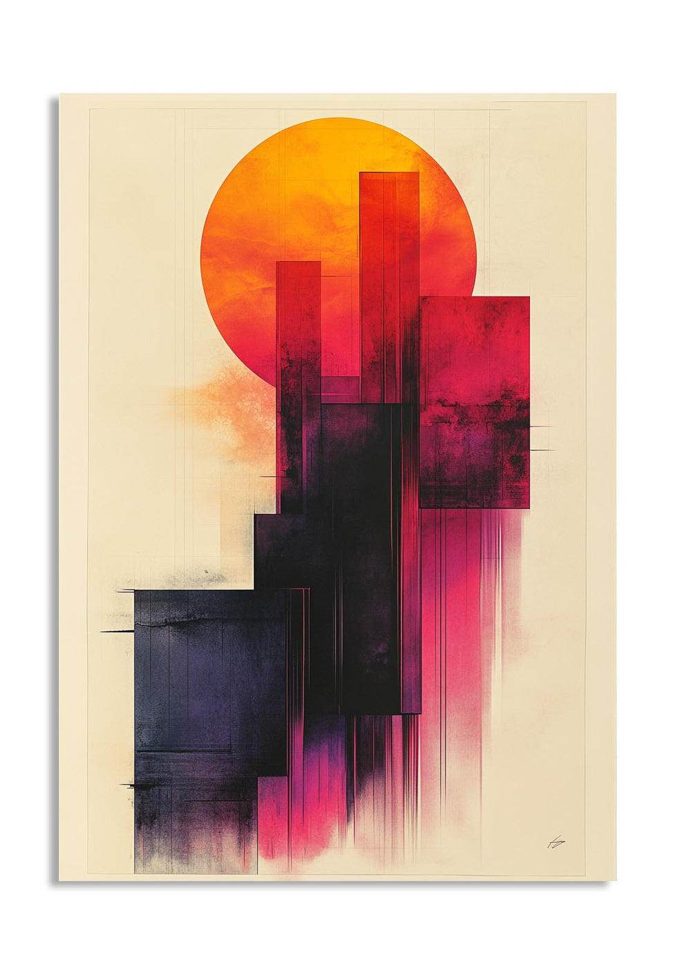 Abstract art piece with geometric shapes and vibrant colors on a beige background, as a premium aluminum metal print from GoMetalPrint.
