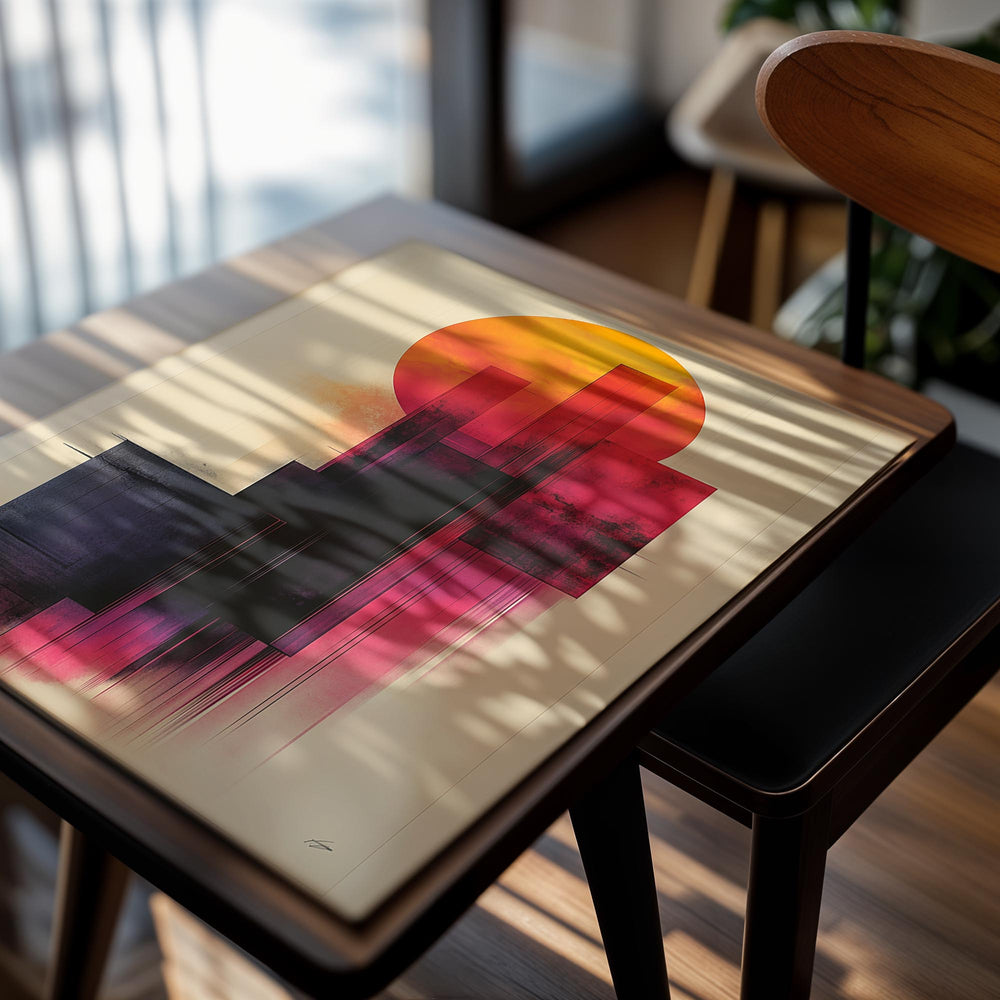 Abstract art piece with geometric shapes and vibrant colors on a beige background, as a premium aluminum metal print from GoMetalPrint.
