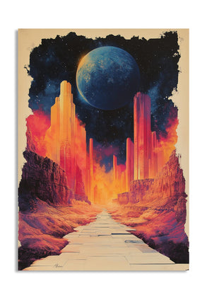 Surreal landscape with glowing red pillars and a large blue planet in the sky, as a premium aluminum metal print from GoMetalPrint.
