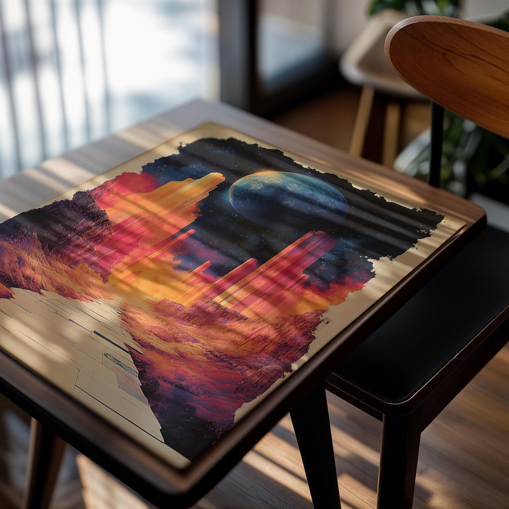 Surreal landscape with glowing red pillars and a large blue planet in the sky, as a premium aluminum metal print from GoMetalPrint.
