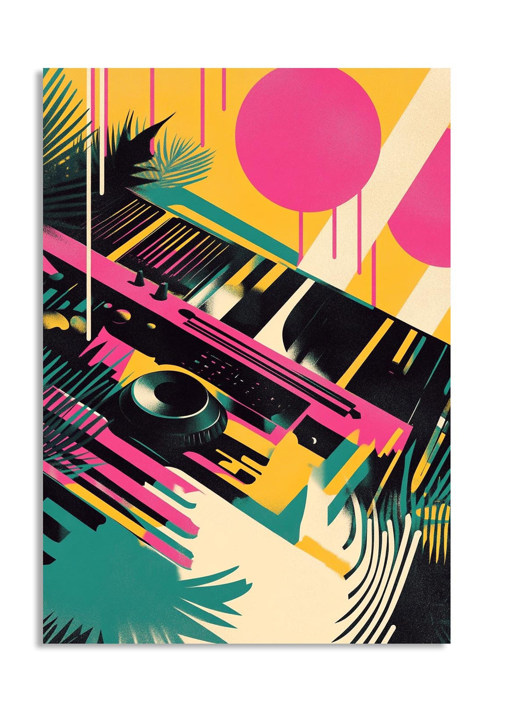 Colorful abstract design with keyboard and vinyl record on a white background, as a premium aluminum metal print from GoMetalPrint.

