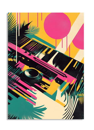 Colorful abstract design with keyboard and vinyl record on a white background, as a premium aluminum metal print from GoMetalPrint.
