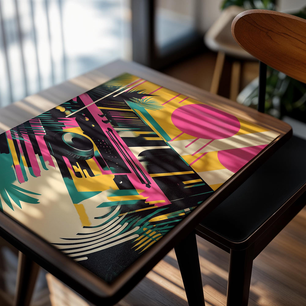 Colorful abstract design with keyboard and vinyl record on a white background, as a premium aluminum metal print from GoMetalPrint.
