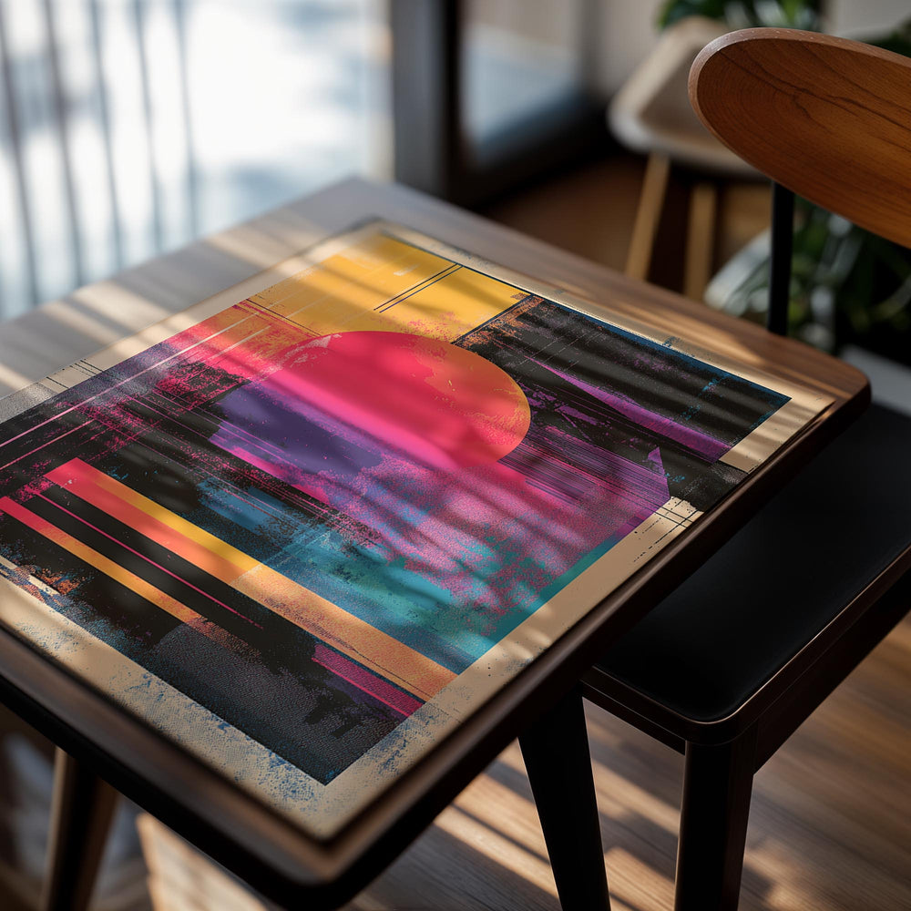 Abstract art print with a colorful sunset design on a white background, as a premium aluminum metal print from GoMetalPrint.
