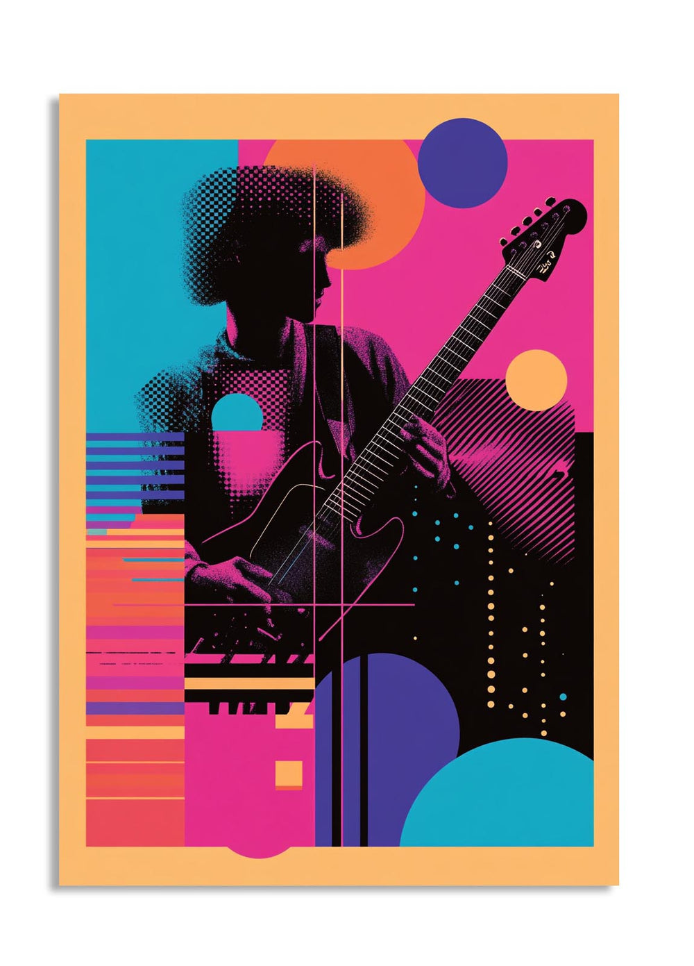 Colorful poster with a silhouette of a person playing guitar against abstract shapes, as a premium aluminum metal print from GoMetalPrint.
