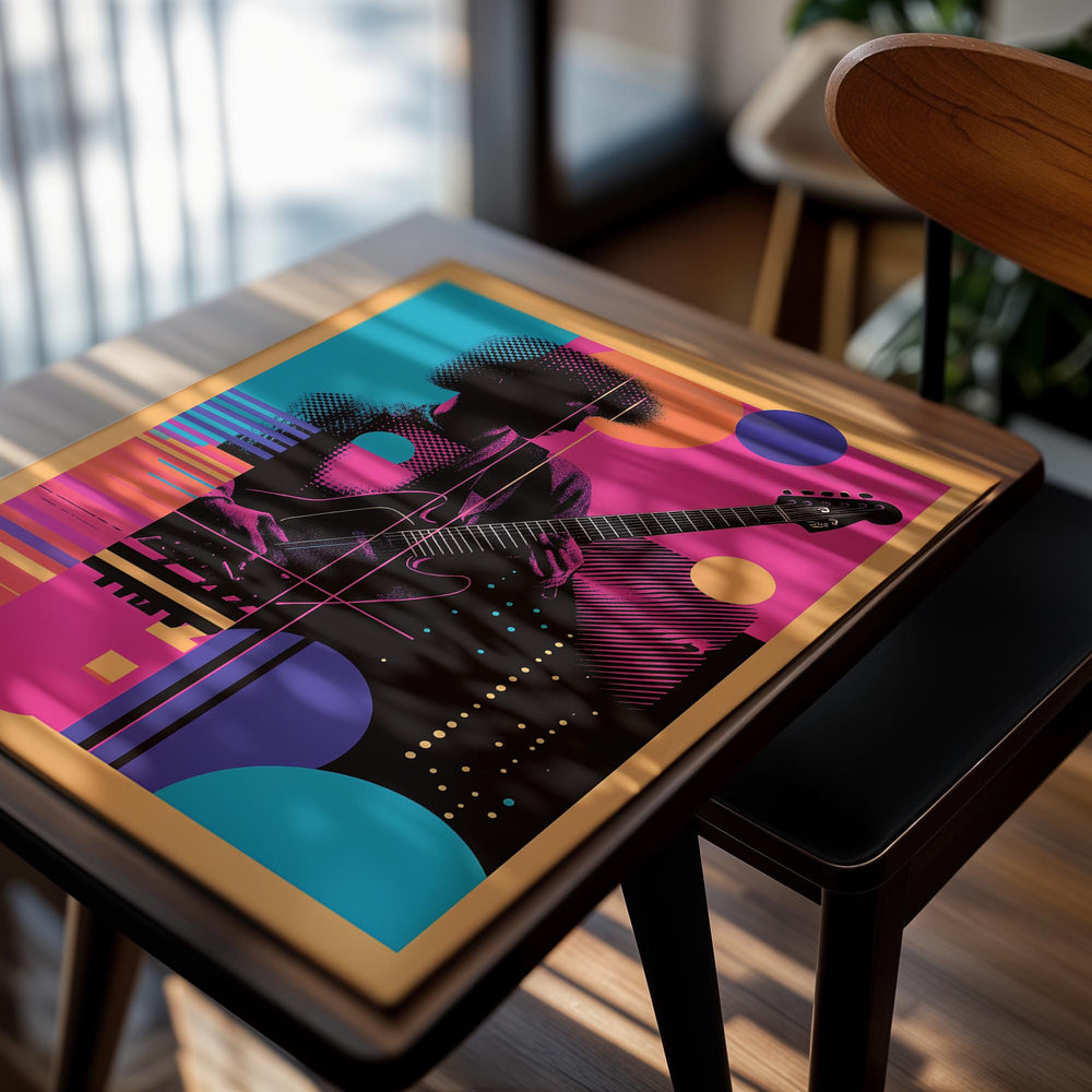 Colorful poster with a silhouette of a person playing guitar against abstract shapes, as a premium aluminum metal print from GoMetalPrint.
