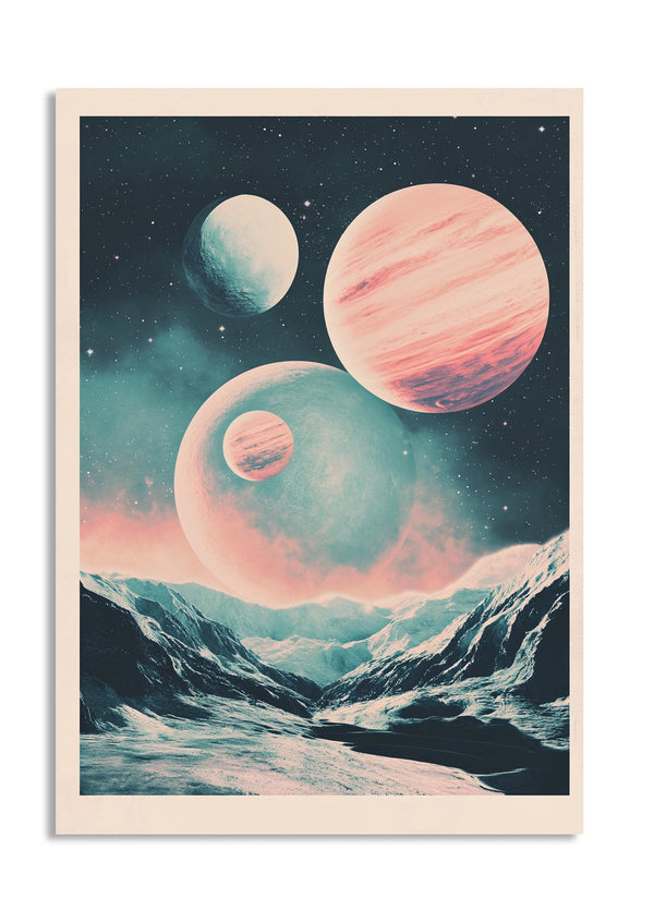 Futuristic space scene with planets and a mountainous landscape, as a premium aluminum metal print from GoMetalPrint.

