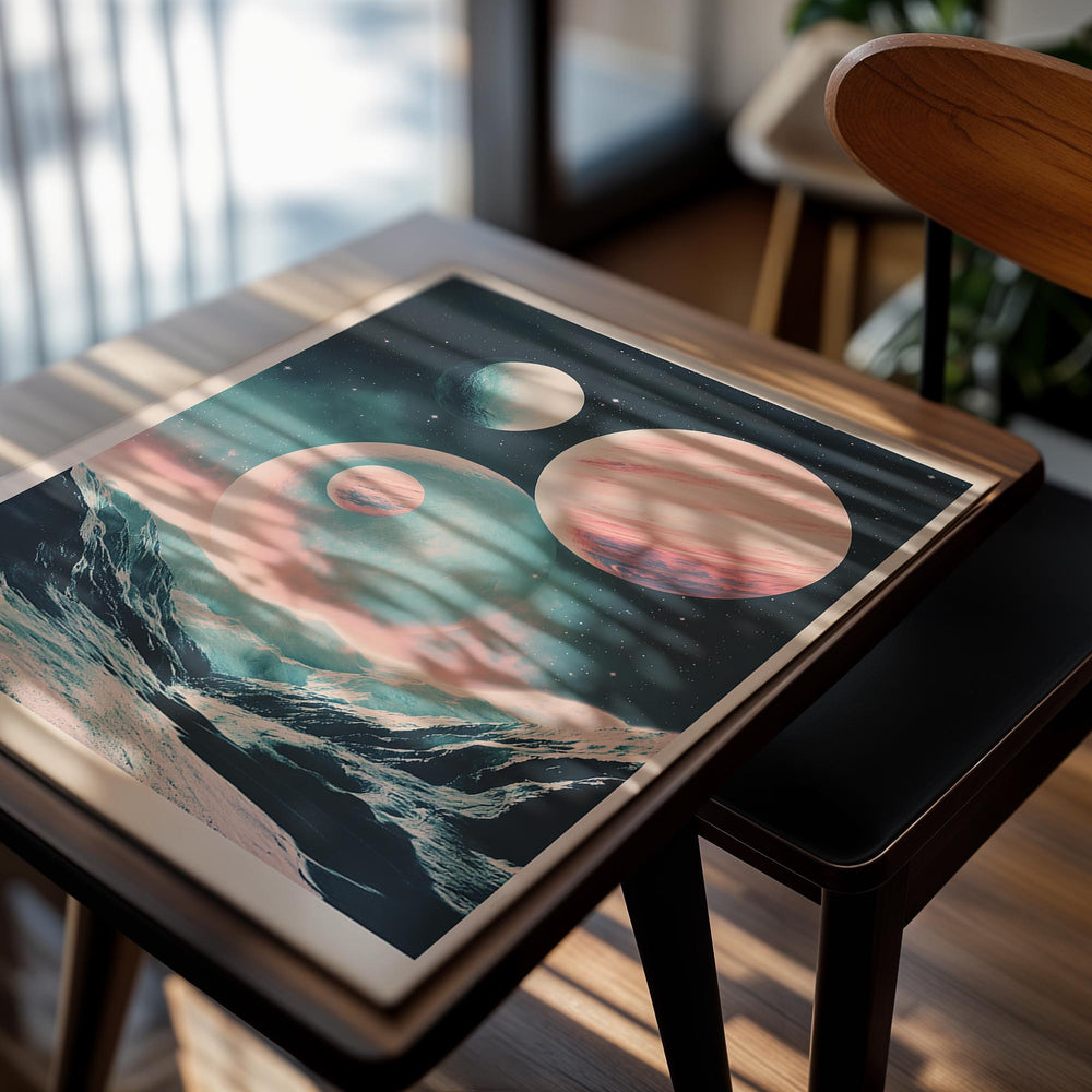 Futuristic space scene with planets and a mountainous landscape, as a premium aluminum metal print from GoMetalPrint.
