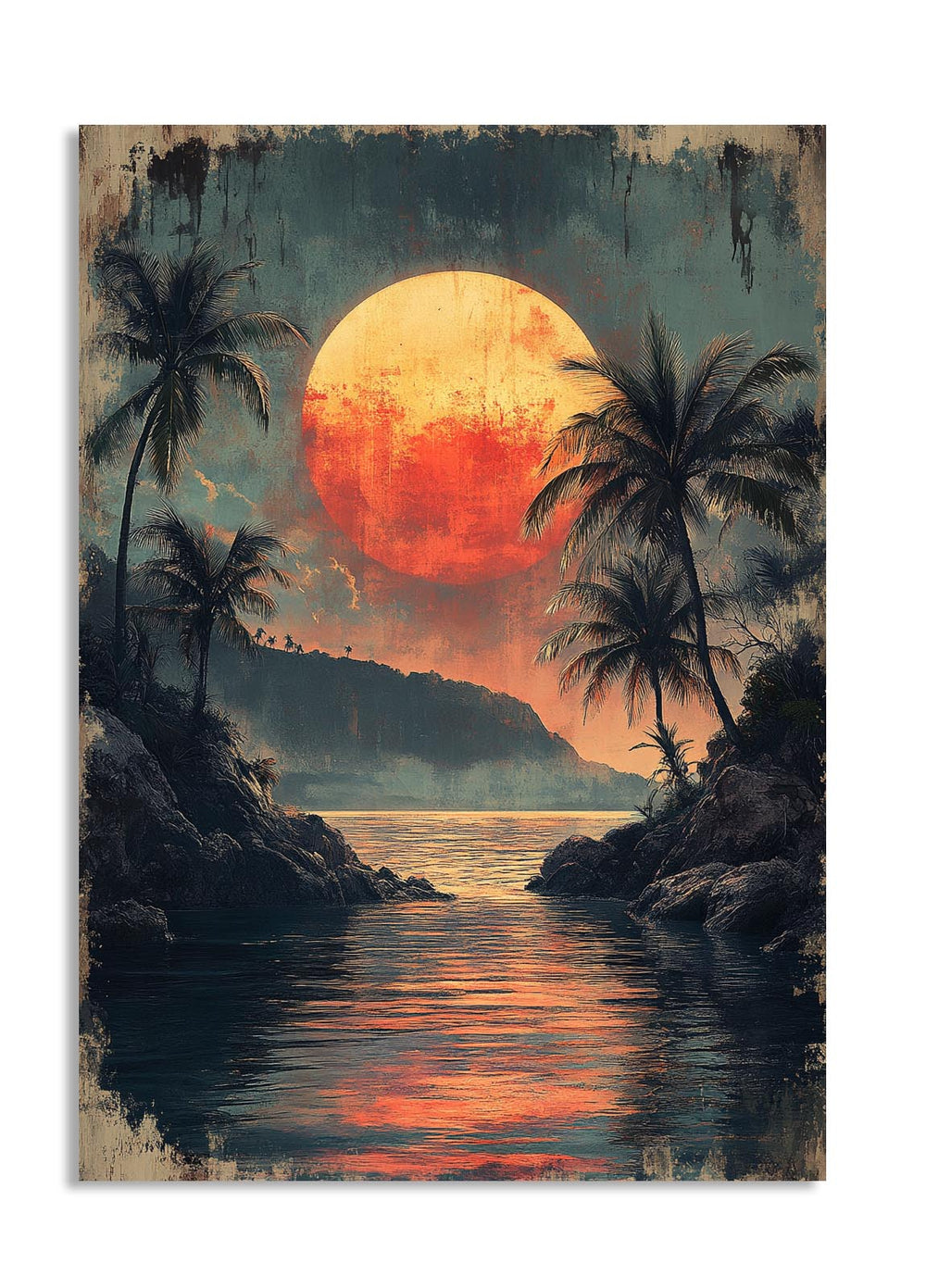Tropical sunset scene with palm trees and a large orange sun over water, as a premium aluminum metal print from GoMetalPrint.
