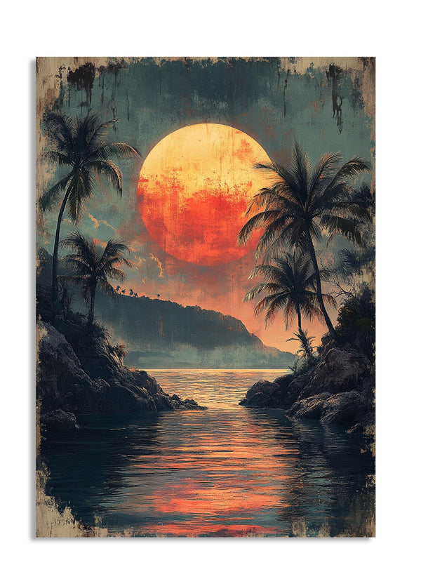 Tropical sunset scene with palm trees and a large orange sun over water, as a premium aluminum metal print from GoMetalPrint.
