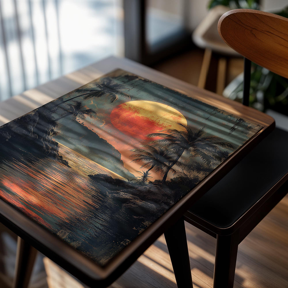 Tropical sunset scene with palm trees and a large orange sun over water, as a premium aluminum metal print from GoMetalPrint.
