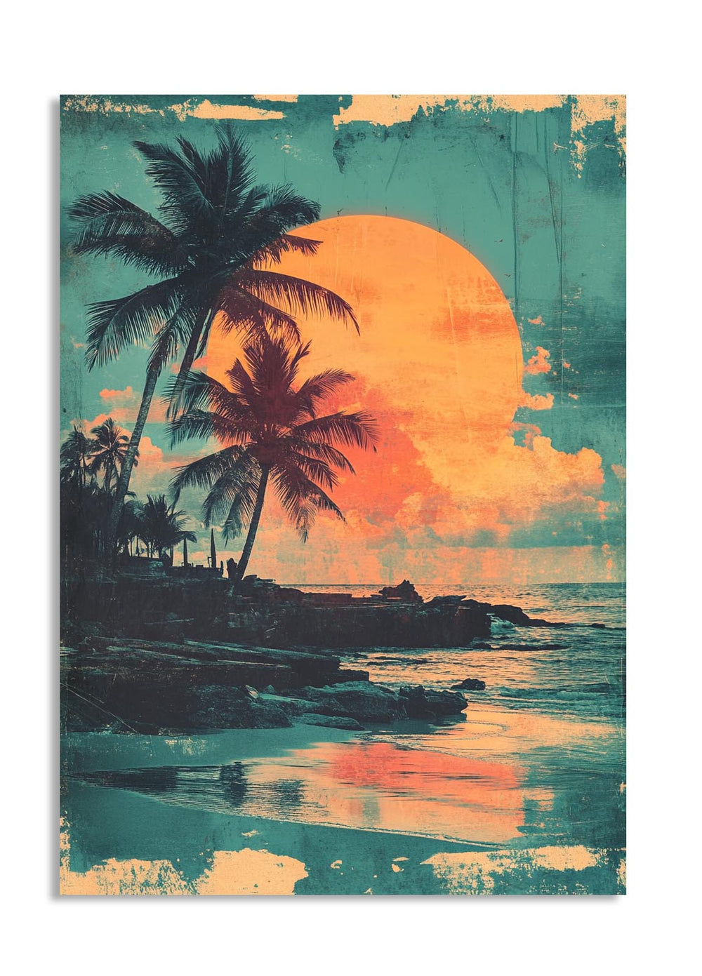 Vintage-style tropical beach scene with palm trees and a large orange sun, as a premium aluminum metal print from GoMetalPrint.

