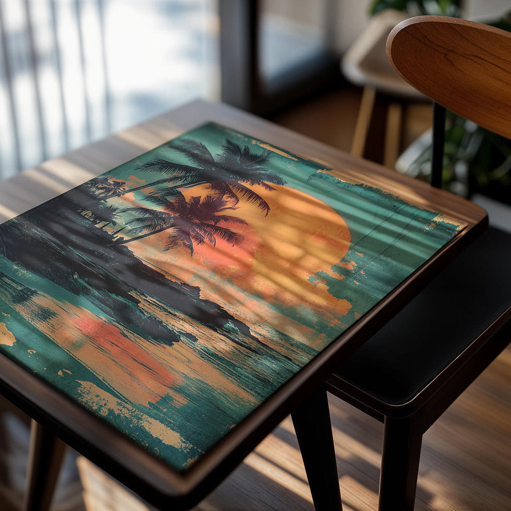 Vintage-style tropical beach scene with palm trees and a large orange sun, as a premium aluminum metal print from GoMetalPrint.
