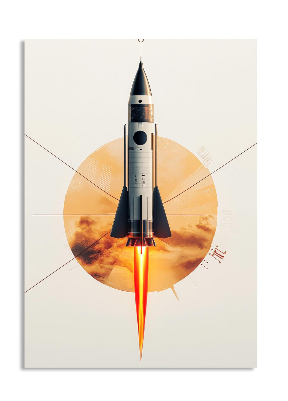 Rocket launching against a sun-like background with geometric patterns, as a premium aluminum metal print from GoMetalPrint.
